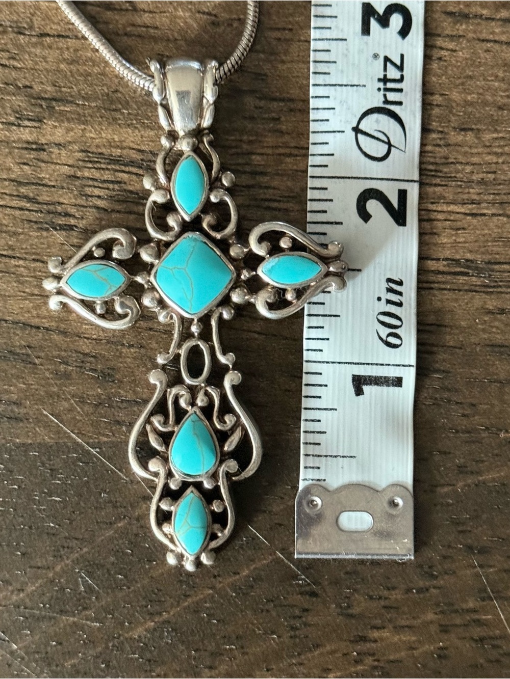 Vintage Turquoise & 925 Mexico Sterling Silver Cross Necklace HUGE 2.5”